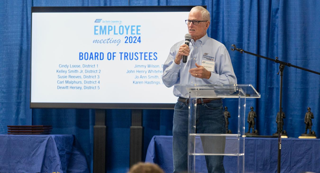 Kelley Smith speaks during the 2024 Employee Meeting.